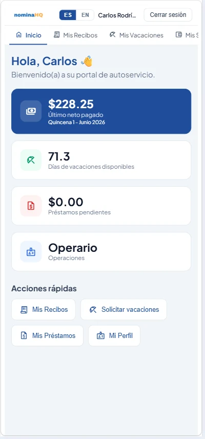 Portal del colaborador de nominaHQ en el celular: pantalla de inicio con neto pagado, vacaciones y acciones rápidas